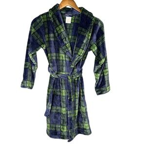 Cuddl Duds Boys Medium 8 Navy Green Tartan Plaid Fleece Robe Warm Cozy Soft